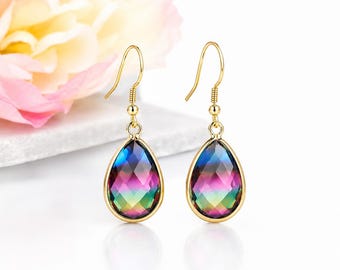 Rainbow Teardrop Earrings, Colorful Crystal Dangle Earrings, Gift for Her, Iridescent Rainbow Jewelry, Gold Teardrop Earrings, Birthday Gift