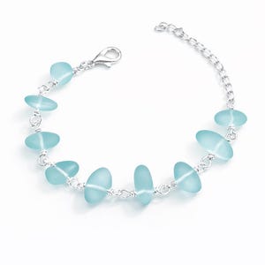 Frosted Aqua Sea Glass Bracelet • Coastal Silver Jewelry • Lightweight Everyday Bracelet • Beach Inspired Gift image 1