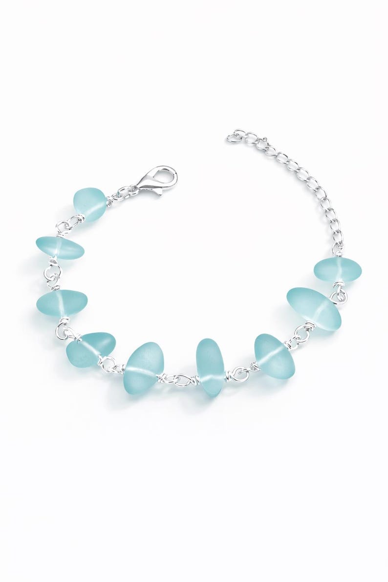 Frosted Aqua Sea Glass Bracelet • Coastal Silver Jewelry • Lightweight Everyday Bracelet • Beach Inspired Gift image 1