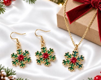 Christmas Snowflake Jewelry Set, Green Enamel Necklace and Earrings, Red Crystal Holiday Jewelry, Christmas Gift for Her, Stocking Stuffer