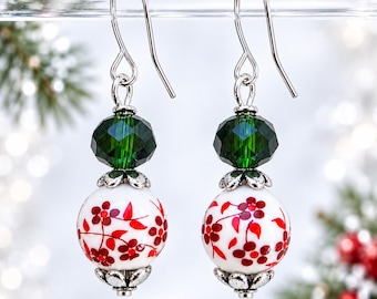 Christmas Earrings for Women, Red Floral Ceramic Bead Earrings, Green Crystal Dangles, Festive Holiday Jewelry Gift
