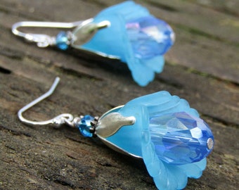 Flower Dangle Earrings, Blue Drop, Bridal, Floral Fashion, Dainty minimalist