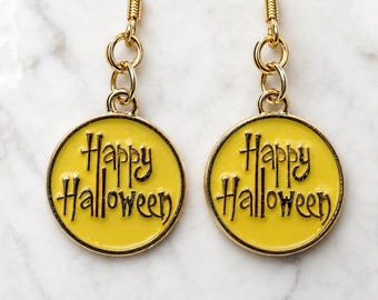 Happy Halloween Earrings, Mustard Yellow Enamel Gold Dangles, Lightweight Spooky Fall Jewelry, Cute Halloween Gift for Her
