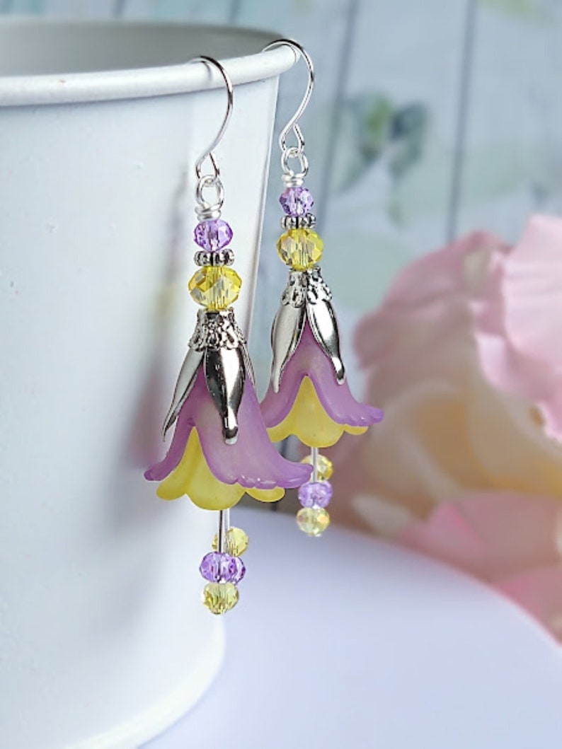 Flower Earrings, Purple & Yellow Floral Dangle Earrings, Garden Party Earrings, Boho Earrings, Lucite Earrings, Bohemian Jewelry image 1