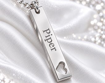 Personalized Bar Necklace, Vertical Name Necklace, Engraved Stainless Steel Pendant, Heart Cutout Jewelry, Custom Gift for Her