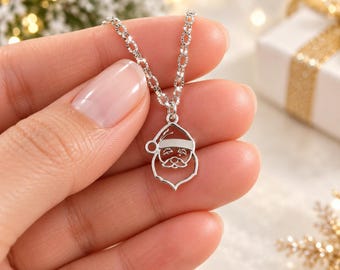 Silver Santa Necklace, Non Tarnish Stainless Steel Christmas Jewelry, Santa Claus Pendant, Holiday Gift for Her, Festive Necklace