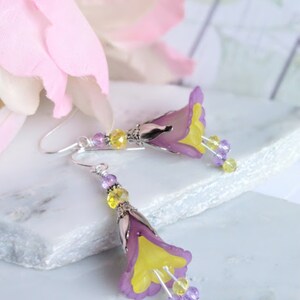 Flower Earrings, Purple & Yellow Floral Dangle Earrings, Garden Party Earrings, Boho Earrings, Lucite Earrings, Bohemian Jewelry image 5