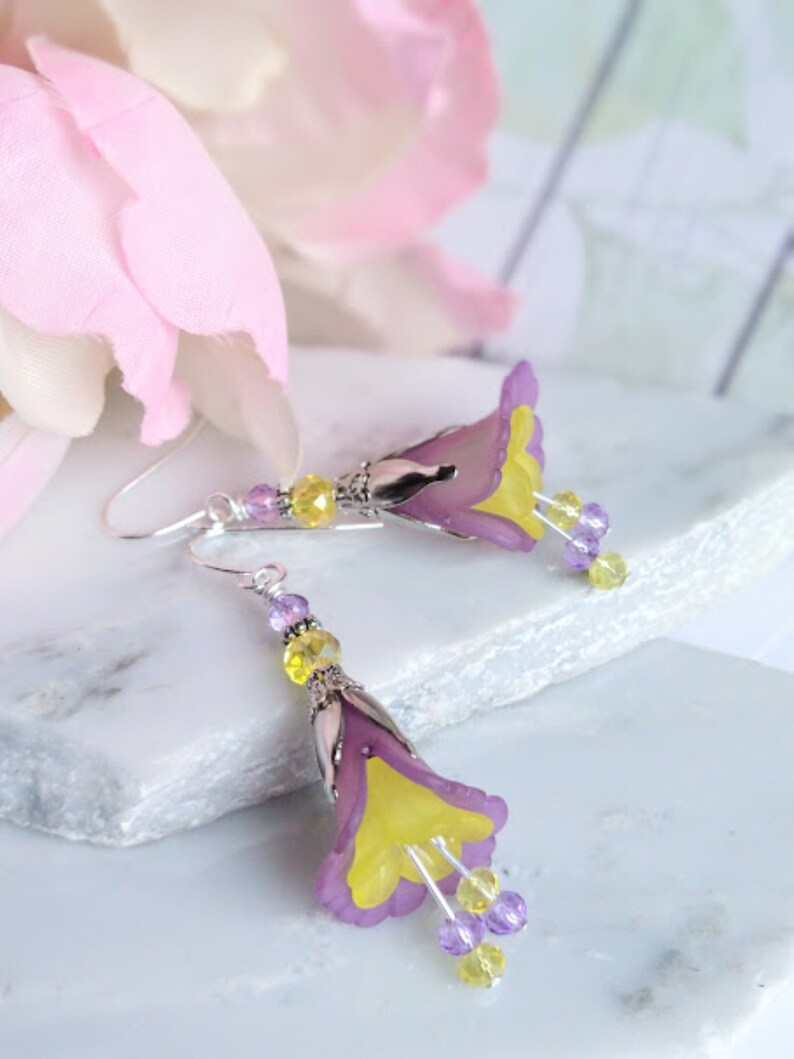 Flower Earrings, Purple & Yellow Floral Dangle Earrings, Garden Party Earrings, Boho Earrings, Lucite Earrings, Bohemian Jewelry image 5