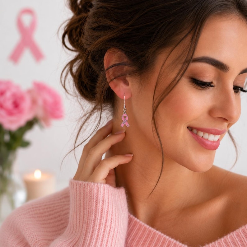 May include: A silver drop earring featuring a small pink ribbon charm. The ribbon is a classic awareness symbol, suspended from a thin silver hook. The earring is designed to hang vertically, showcasing the pink color against the metallic silver.