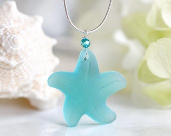 Sea Glass Starfish Necklace, Coastal Beach Jewelry, Ocean Necklace Gift for Her, Mermaidcore Pendant Necklace