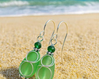 Green Sea Glass Tear Drop Earrings Bridal Jewelry Petite Drop Earrings, Dangle Earrings Gift For Her Sterling Silver Earrings