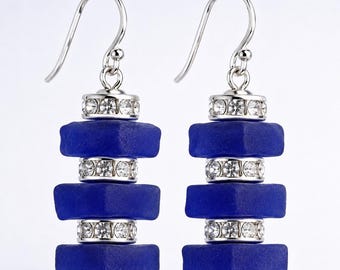 Cobalt Blue Sea Glass Dangle Earrings: Silver Crystal Jewelry