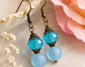 Aqua Crystal Earrings, Gift for Her, Something Blue Earrings, Bridesmaid Earrings, Antique Brass Earrings, Birthday Gift Woman