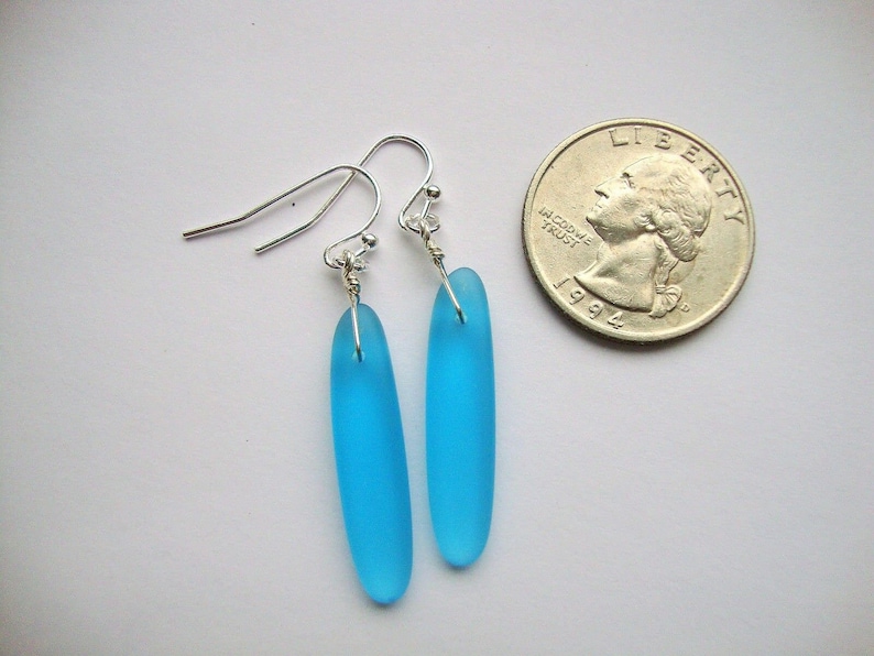 Long Caribbean Blue Sea Glass .925 Sterling Silver Dangle Earrings