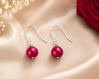July Birthstone Jewelry Set, Ruby Red Pearl Necklace and Earrings Set, July Birthday Gift for Her, Ruby Jewelry, Minimalist Birthstone