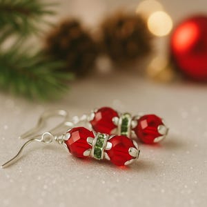 Handmade Christmas Dangle Earrings: Red Crystal & Green Rhinestone Jewelry