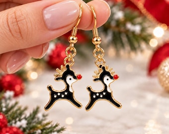 Christmas Earrings, Black Enamel Reindeer Dangles with Red Noses