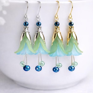 Handmade Blue Floral Dangle Earrings, Silver or Gold Finish