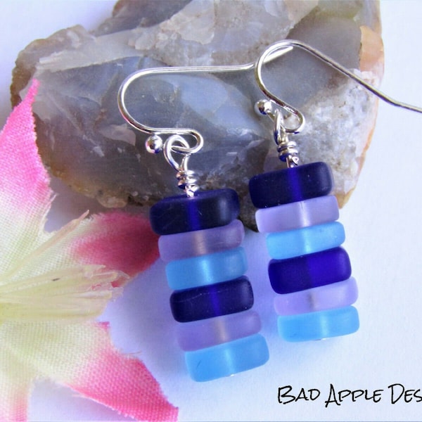 Stacked Blue & Purple Sea Glass Pebble Earrings, Gift For Her, Ocean Lovers, Beach Jewelry, Boho, Minimalist Drops