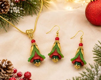 Christmas Poinsettia Necklace Earrings Set, Holiday Flower Jewelry, Red Green Christmas Jewelry, Poinsettia Gift Set, Festive Necklace, Chri