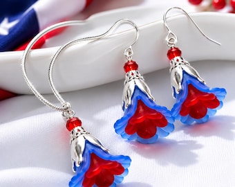 Patriotic Red White Blue Jewelry Set, 4th of July Necklace and Earrings Set, Americana Flower Jewelry, Independence Day Accessories, USA