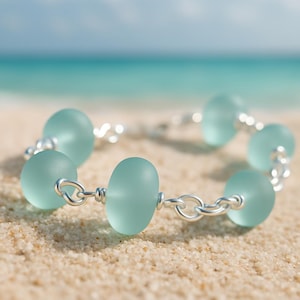 Frosted Aqua Sea Glass Bracelet • Coastal Silver Jewelry • Lightweight Everyday Bracelet • Beach Inspired Gift image 3