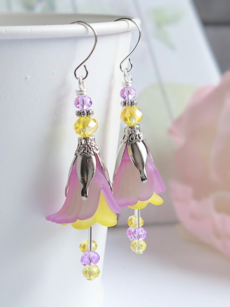 Flower Earrings, Purple & Yellow Floral Dangle Earrings, Garden Party Earrings, Boho Earrings, Lucite Earrings, Bohemian Jewelry image 6