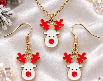 Christmas Reindeer Jewelry Set, Necklace and Earrings, Red Nose Holiday Gift for Her
