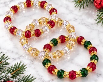 Christmas Stretch Bracelet, Red Green Crystal Beaded Bracelet, Holiday Jewelry, Festive Stackable Bracelet, Mix and Match Gift