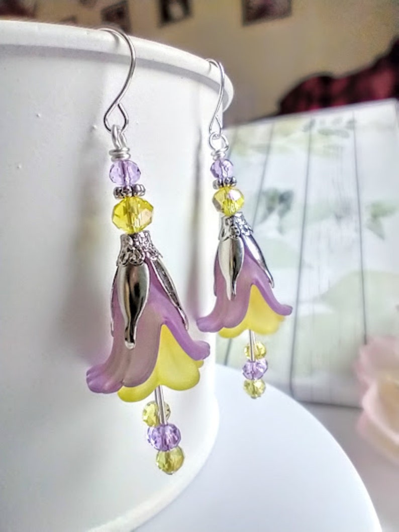 Flower Earrings, Purple & Yellow Floral Dangle Earrings, Garden Party Earrings, Boho Earrings, Lucite Earrings, Bohemian Jewelry image 4