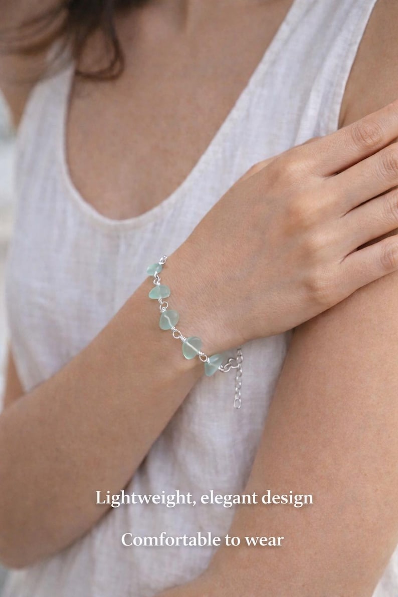 Frosted Aqua Sea Glass Bracelet • Coastal Silver Jewelry • Lightweight Everyday Bracelet • Beach Inspired Gift image 4