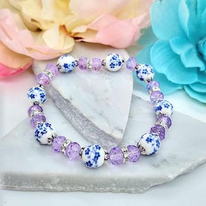 Blue Porcelain Flower Stretch Bracelet, Gift For Her, Floral Jewelry, Gift For Special Occasion, Trendy Bracelet, Purple Beaded Bracelet