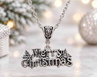 Merry Christmas Necklace, Antique Silver Holiday Pendant with Stainless Steel Chain, Festive Christmas Gift for Her