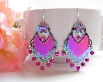 Pink/Blue Glass Lightweight Chandelier Earrings By Bad Apple Designs- Gift For Her-Statement Earrings