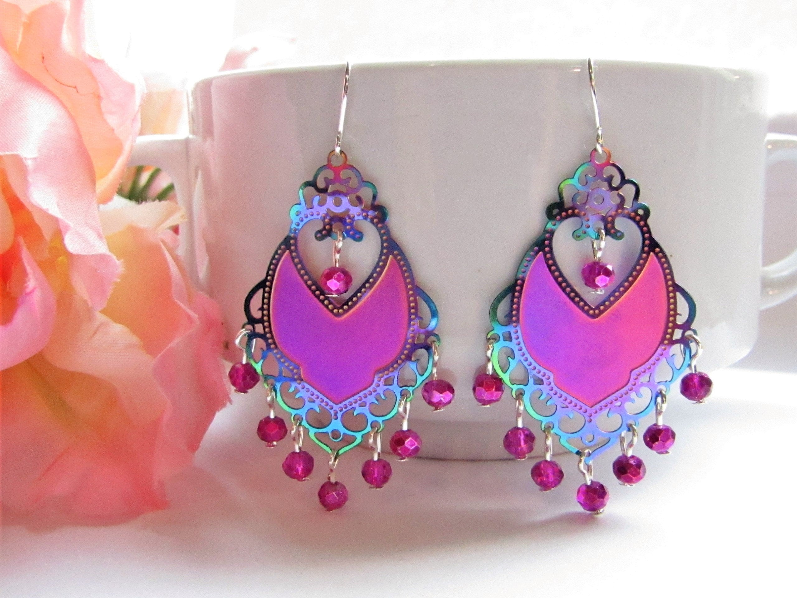 Retro Glitter Glam Flower Power Blue and Pink Earrings 60s 70s – Relic828