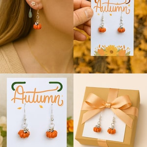 May include: Orange pumpkin earrings with silver-colored hooks are displayed in multiple views. One view shows the earrings being worn, another shows them on a card with the word "Autumn" and a sunflower design. A third view shows the earrings in a gift box.