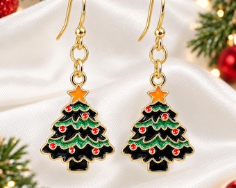 Christmas Tree Earrings, Black Enamel Holiday Earrings, Gold Plated Festive Dangles, Lightweight Christmas Gift for Her