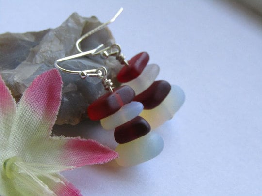 Red Opal Sea Glass Earrings: Sterling Silver Dangle Beach Jewelry