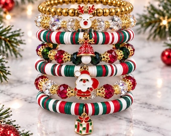 Mix and Match Christmas Bracelet, Holiday Stretch Bracelet, Santa Reindeer Charm Jewelry, Stackable Beaded Bracelet Gift
