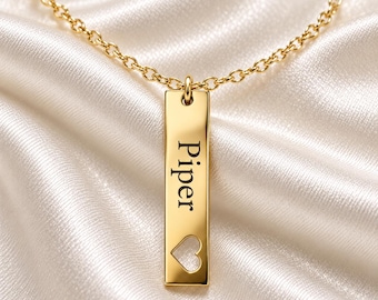 Personalized Gold Bar Necklace with Heart Cutout, Custom Engraved Name Necklace, Stainless Steel Jewelry, Meaningful Gift for Her