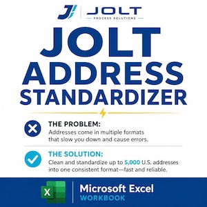 May include: A digital graphic for Jolt Process Solutions Jolt Address Standardizer Microsoft Excel workbook. It displays the problem of inconsistent address formats and the solution to standardize up to 5,000 U.S. addresses into one consistent format.