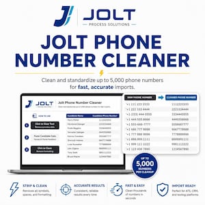 May include: A digital interface for Jolt Phone Number Cleaner software displayed on a laptop screen. It features a how-to guide, a candidate data table, and a comparison chart showing raw versus cleaned phone numbers, with a 5,000 number limit.