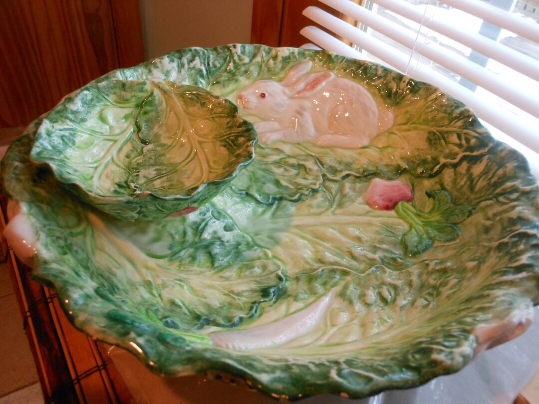 Ceramic Cabbage Leaf Bowl With Smaller Dip Bowl - Etsy