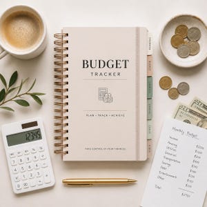 Könnte beinhalten: Ein beigefarbenes, spiralgebundenes Budget-Tracker-Notizbuch mit dem Text BUDGET TRACKER, PLAN TRACK ACHIEVE und TAKE CONTROL OF YOUR FINANCES. Es enthält einen Taschenrechner, einen goldenen Stift, eine Tasse Kaffee, Münzen und ein Monatsbudgetblatt.