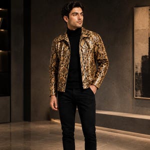 Men’s Snake Print Leather Jacket, Faux Leather Biker Jacket, Luxury Streetwear Coat