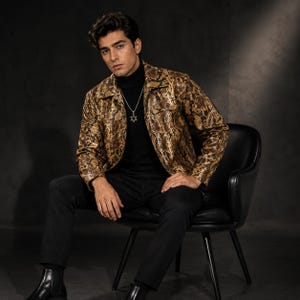 Men’s Snakeskin Print Leather Jacket, Python Print Faux Leather Jacket, Luxury Statement Jacket, Snake Skin Streetwear, Short Jacket