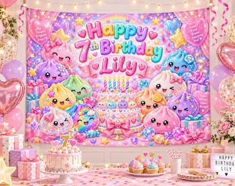 Pancarta de cumpleaños con diseño de empanadillas blanditas, tapiz personalizado con nombre y edad para fiestas, fondo de cumpleaños en tonos pastel para niñas.