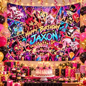 May include: A rectangular fabric backdrop featuring Hazbin Hotel characters, a tiered birthday cake, and the text Happy Birthday Jaxon in bright blue and yellow. The design includes pink, red, and black balloons, confetti, and streamers.