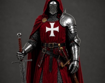 Disfraz de armadura de caballero templario oscuro: traje de acero de cruzado medieval con capucha, atuendo de cosplay LARP renacentista.