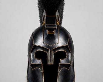 Elmo da guerriero dell'Odissea / Armatura greca in acciaio nero con pennacchio dorato, LARP Cosplay